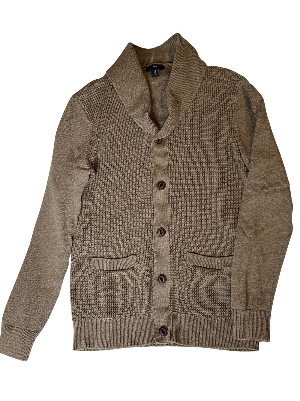 Gap Mens Waffle Knit Shawl Collar Cardigan M Brown Button Front Pockets Coastal